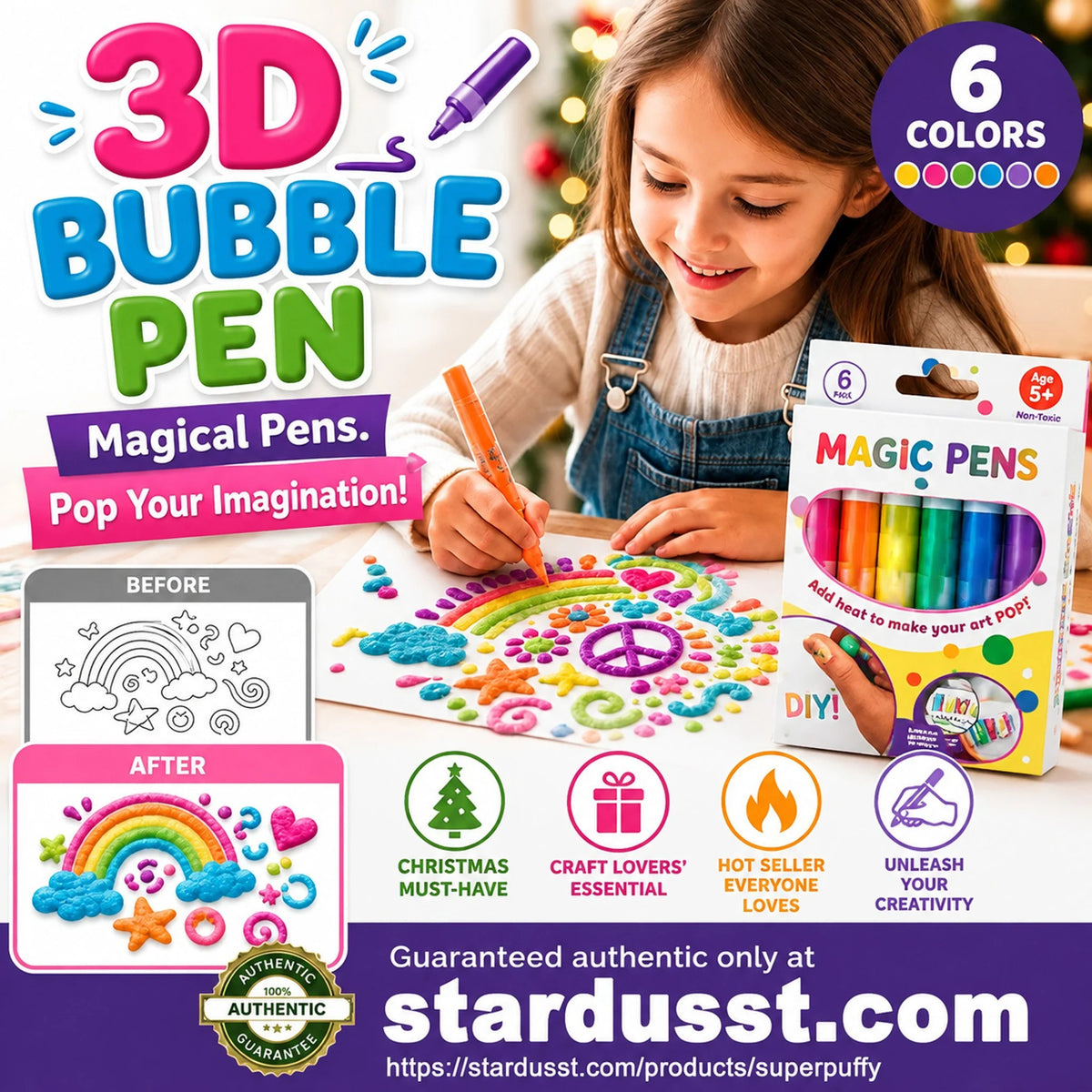 Magic Pen – Draw 3D with one stroke!🎄DIY Bubble Popcorn Drawing Pens